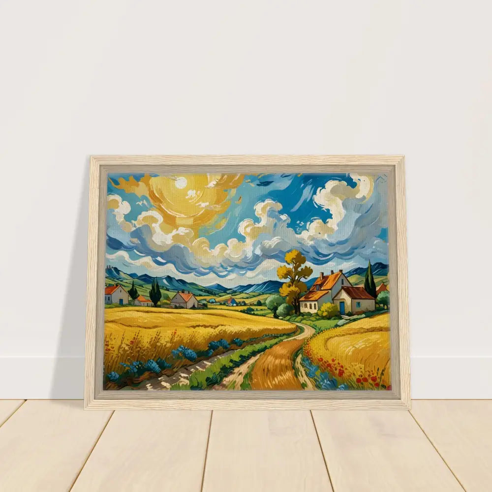 Framed landscape painting of Golden Fields Reverie on PixiOnyx Pastoral Dreamscape canvas