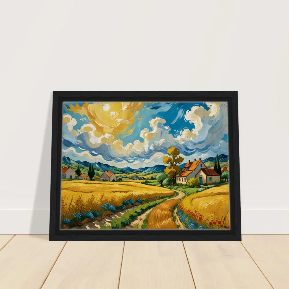 Framed landscape painting titled Golden Fields Reverie in PixiOnyx Pastoral Dreamscape collection