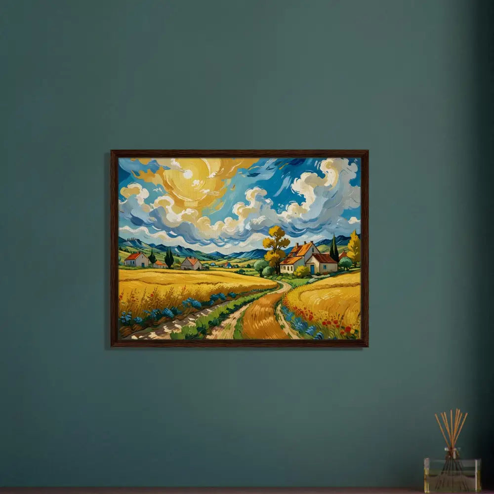 Framed landscape painting titled Golden Fields Reverie displayed in PixiOnyx Pastoral Dreamscape