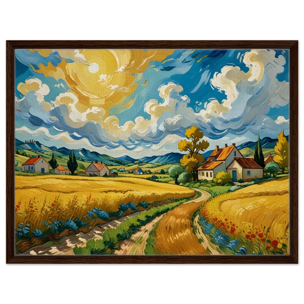 Framed landscape painting of Golden Fields Reverie displayed in PixiOnyx Pastoral Dreamscape
