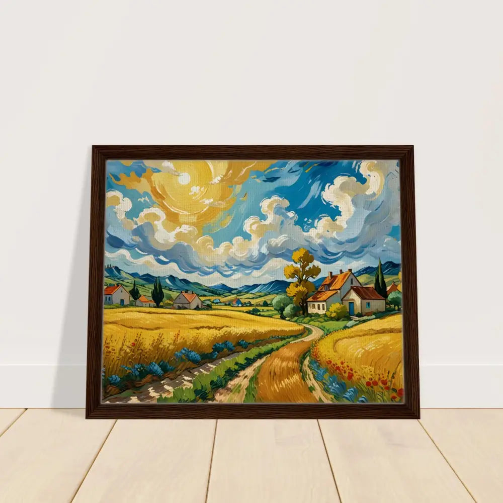 Framed landscape painting of golden fields in a pastoral dreamscape by PixiOnyx