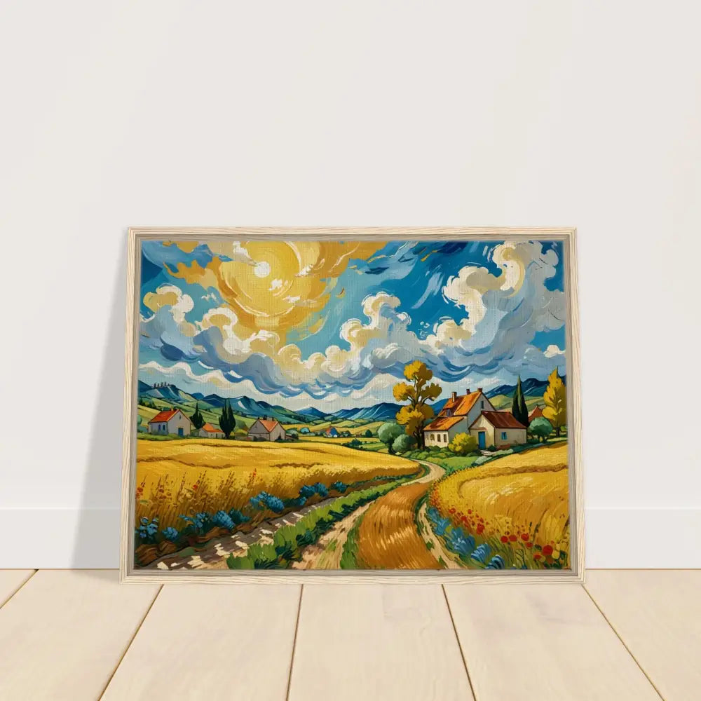 Framed landscape painting titled Golden Fields Reverie on PixiOnyx Pastoral Dreamscape Canvas