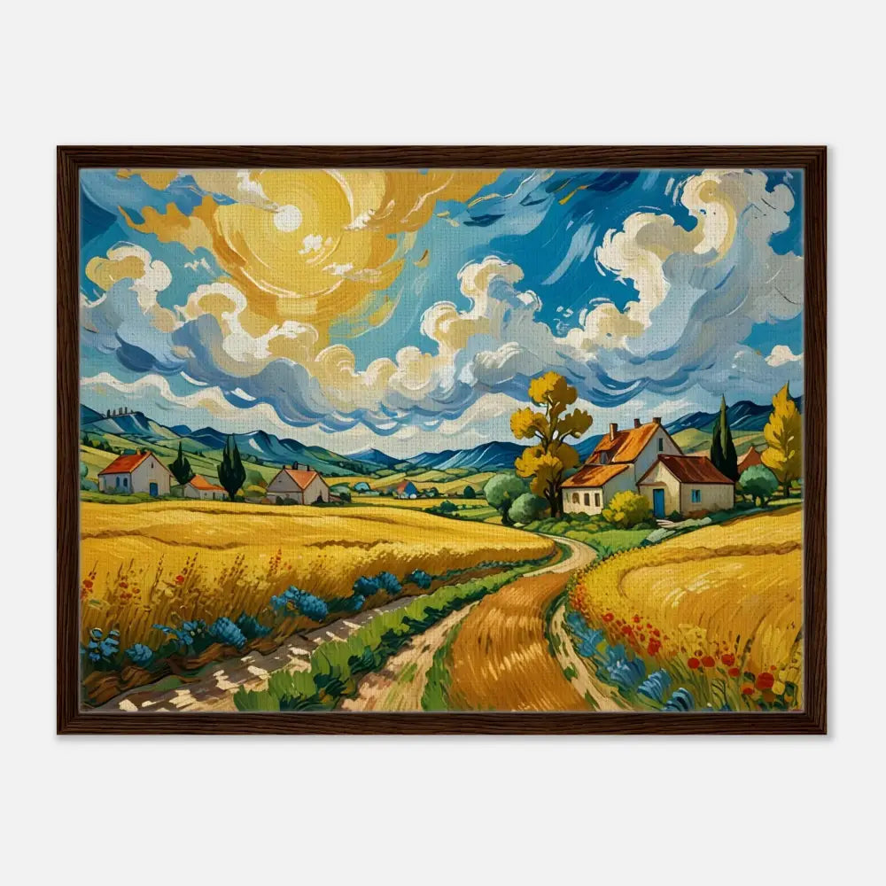 Framed landscape painting titled Golden Fields Reverie displayed in PixiOnyx Pastoral Dreamscape