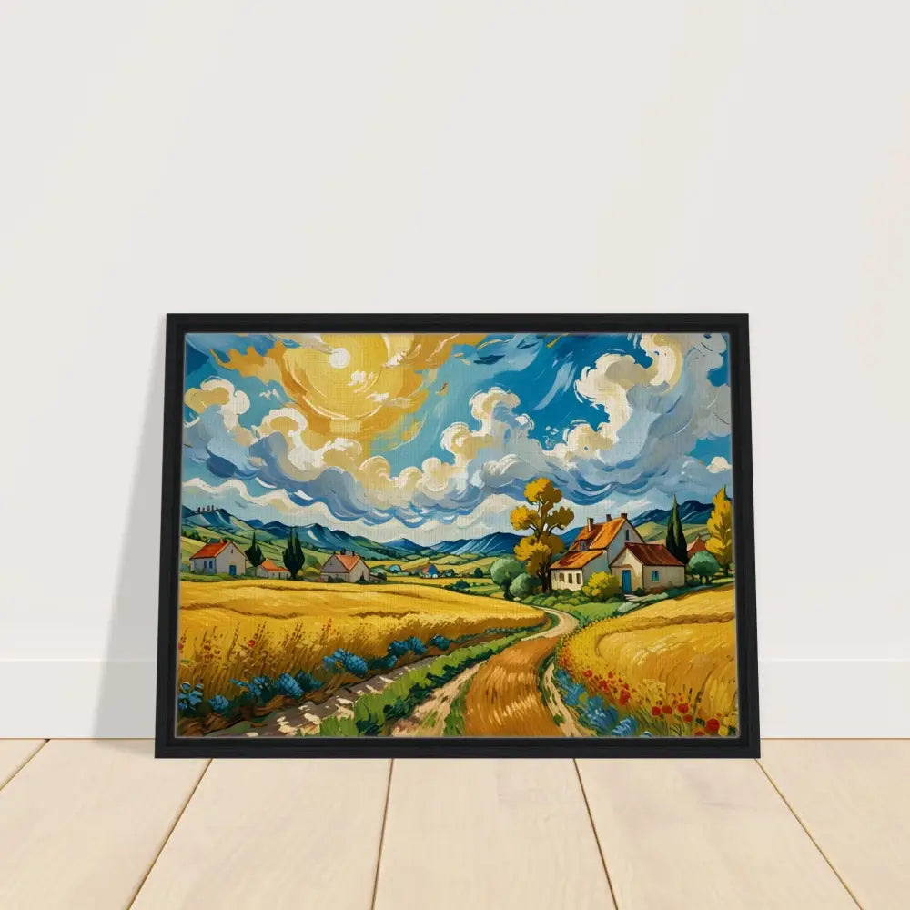Framed landscape painting titled Golden Fields Reverie in PixiOnyx Pastoral Dreamscape collection