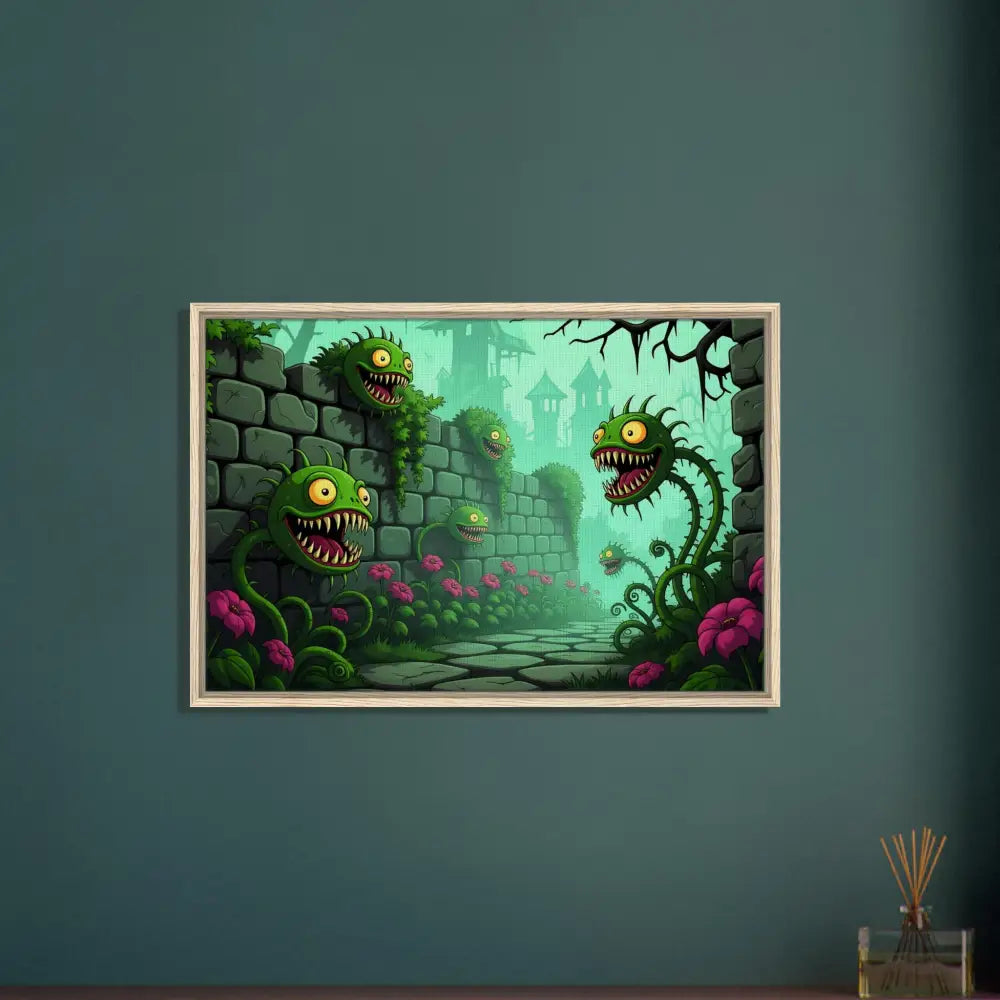 Framed cartoon monster plants artwork on canvas from Grinvine Grove PixiOnyx Surreal Fantasy Nature