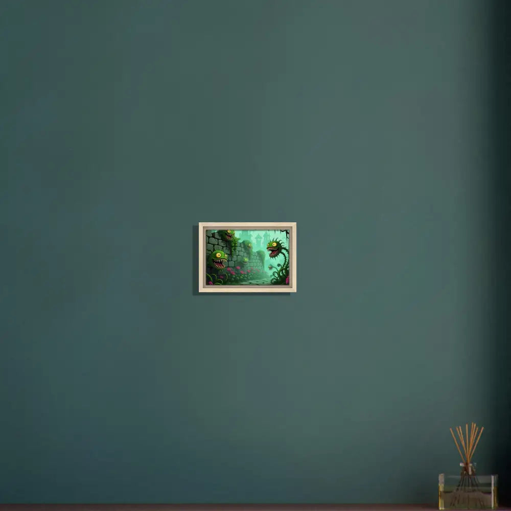 Framed cartoonish plant monster artwork on canvas in Grinvine Grove PixiOnyx surreal art display