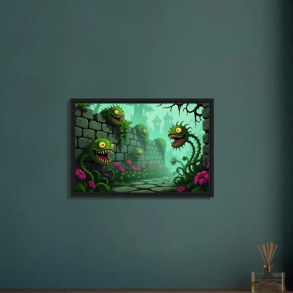Framed cartoonish monster plants artwork in a surreal fantasy nature style for PixiOnyx