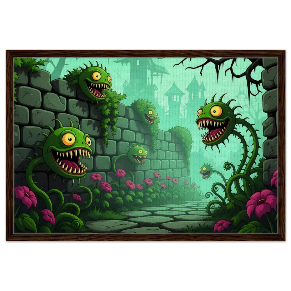 Cartoonish carnivorous plants in a spooky garden on Framed Canvas Grinvine Grove PixiOnyx