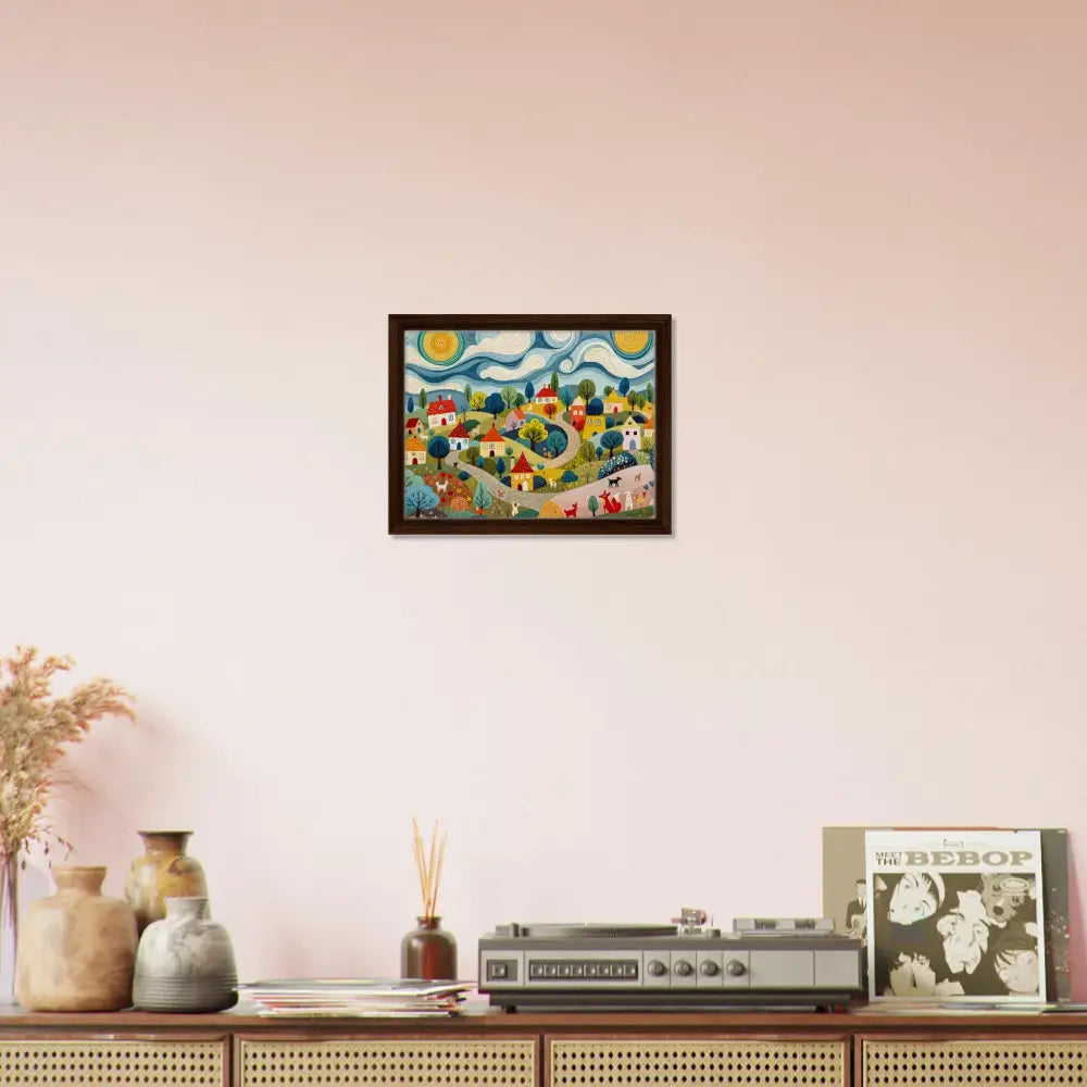 Framed whimsical village painting on PixiOnyx Gallery-Grade Charm canvas