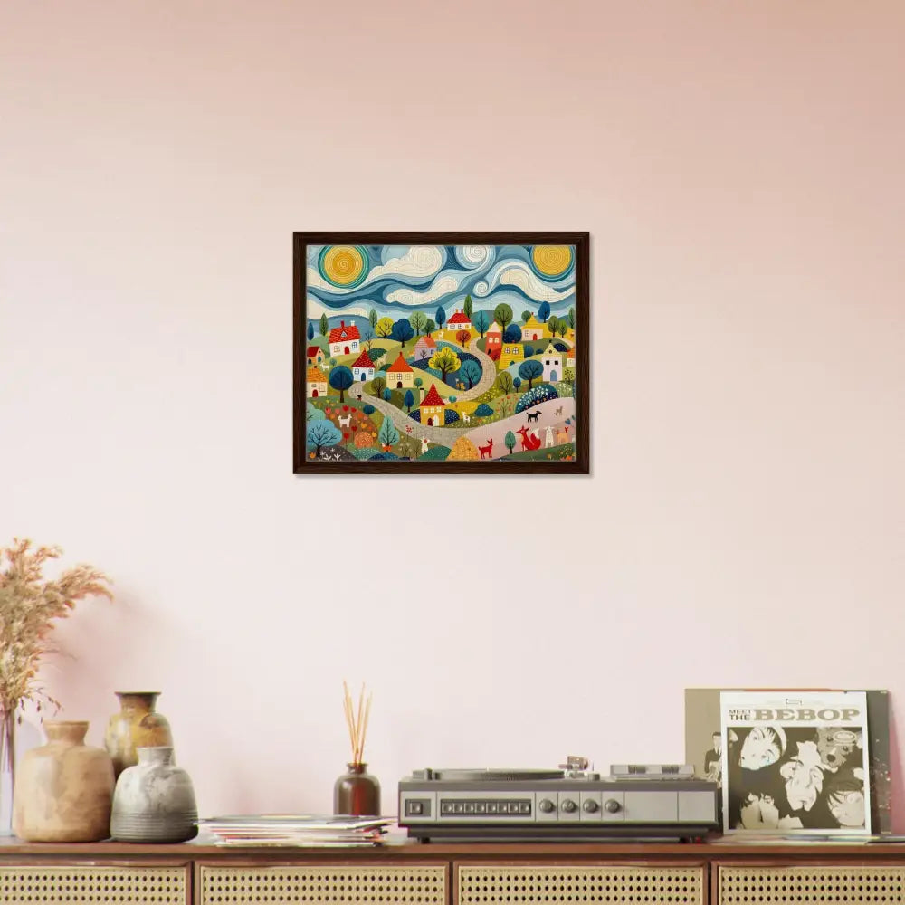 Framed village scene painting on canvas from Hillside Harmony collection at PixiOnyx Gallery