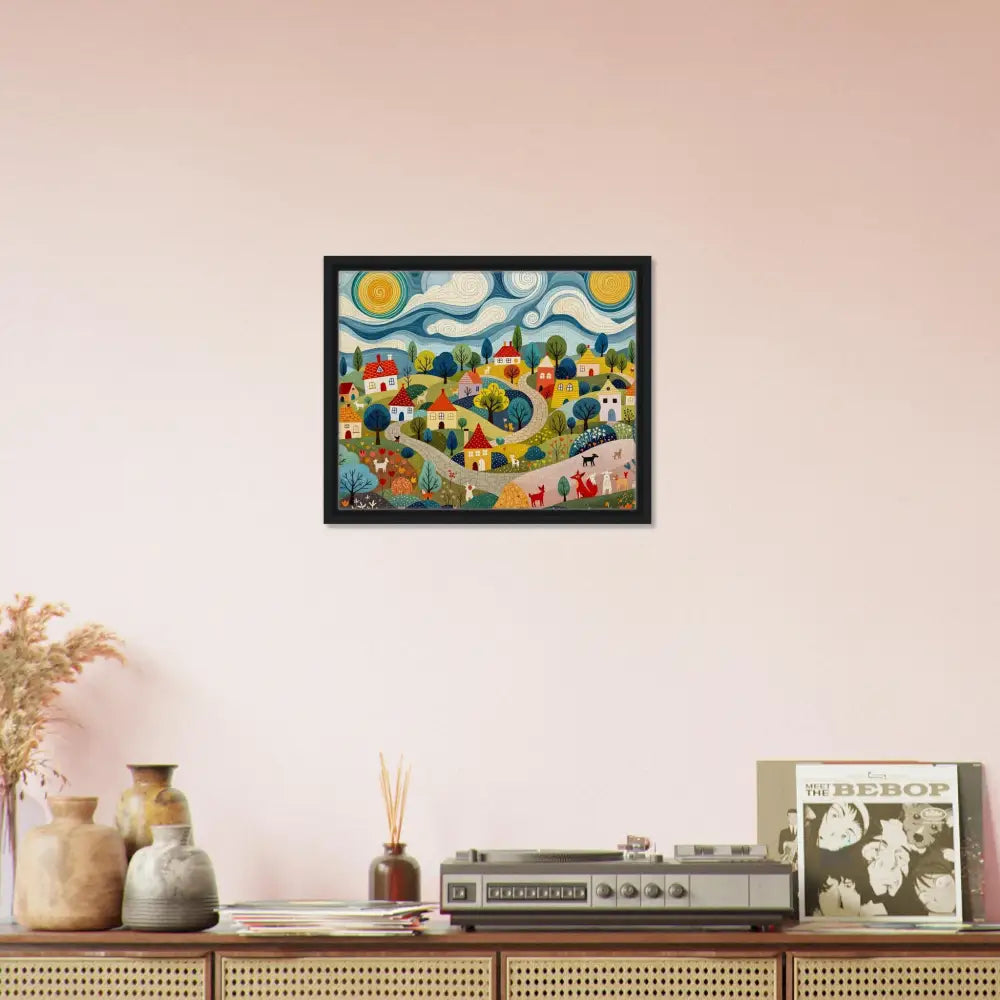 Framed village painting displayed in PixiOnyx Gallery-Grade Charm Canvas artwork