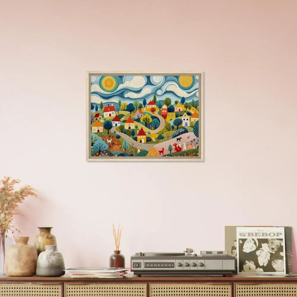 Framed village scene painting on canvas in Hillside Harmony at PixiOnyx Gallery