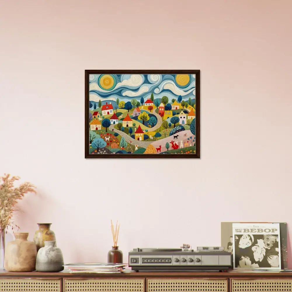 Framed village scene painting on PixiOnyx Gallery-Grade Charm canvas