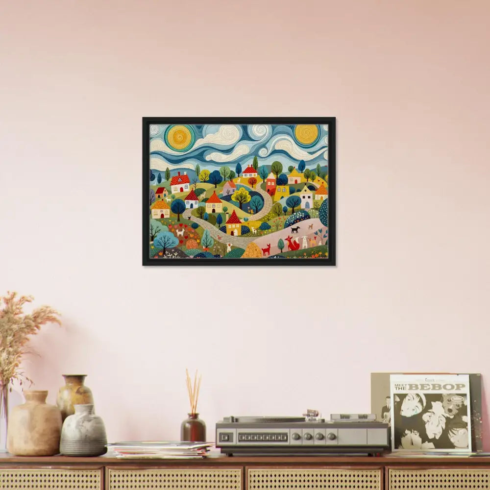 Framed village scene artwork on canvas titled Hillside Harmony by PixiOnyx Gallery