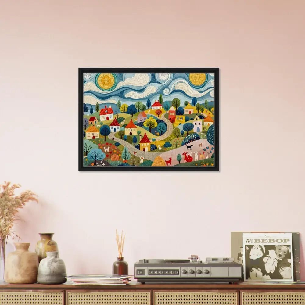 Framed village scene artwork displayed in PixiOnyx Gallery-Grade Charm Canvas