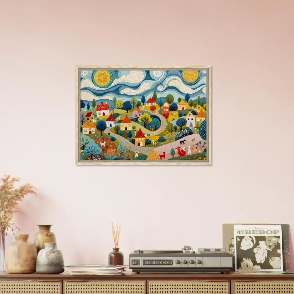 Framed village scene artwork displayed on a PixiOnyx Gallery-Grade Charm canvas