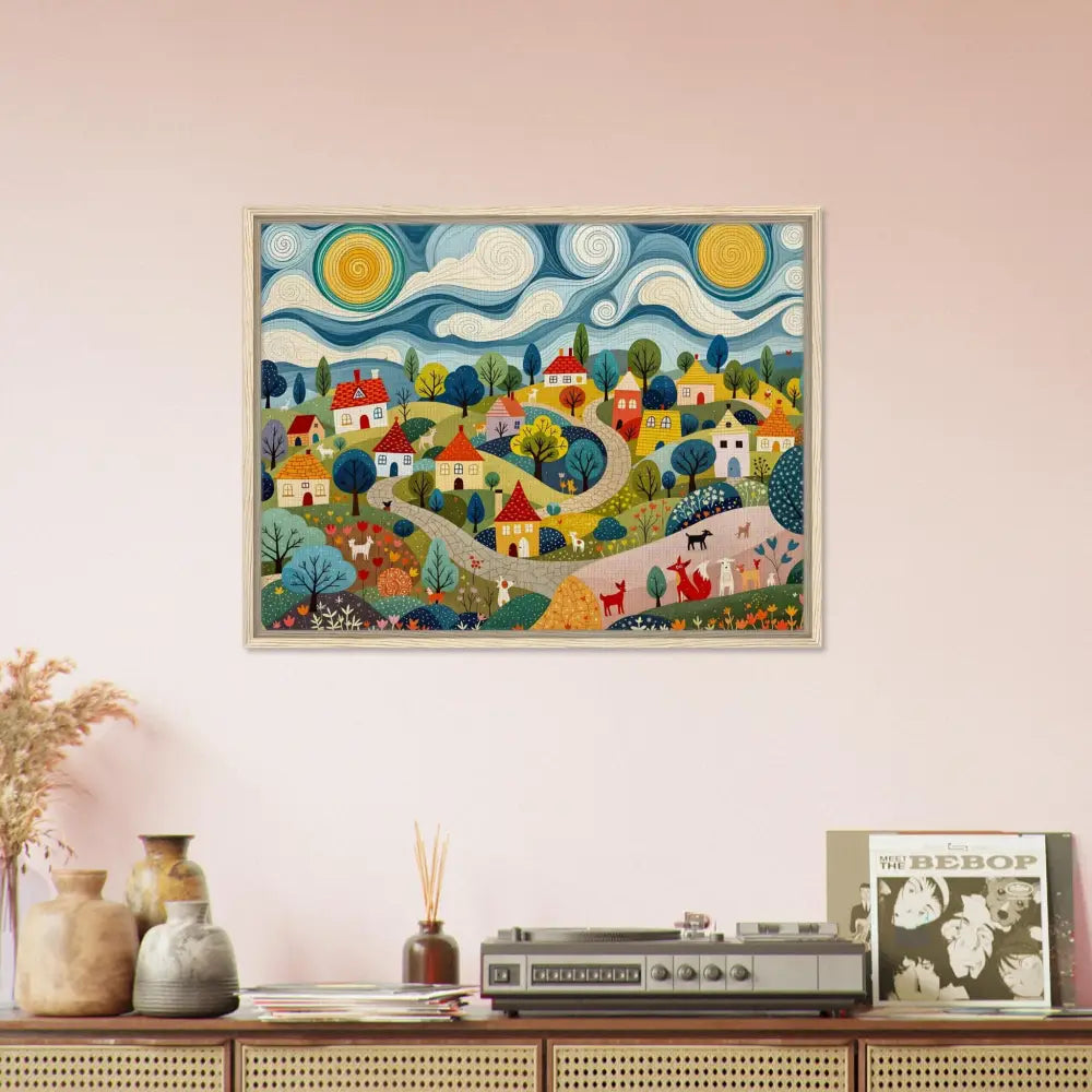 Framed village painting displayed on PixiOnyx Gallery-Grade Charm Canvas