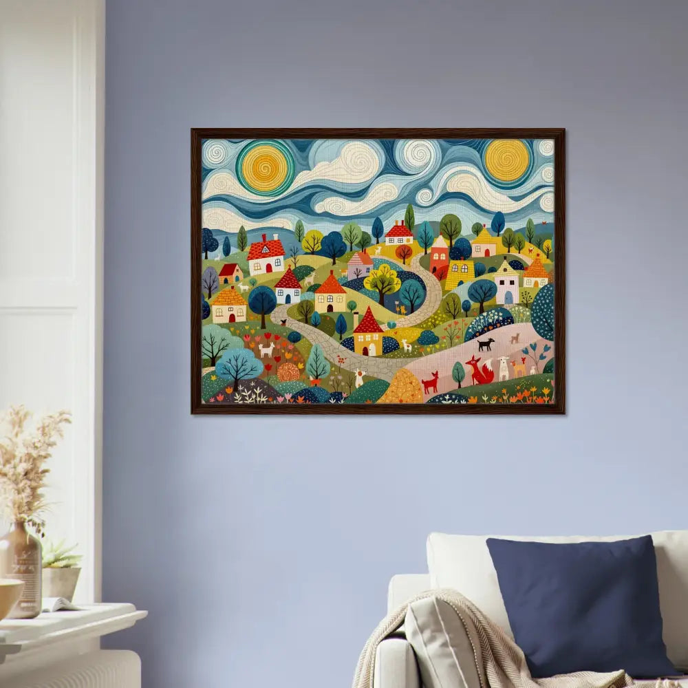 Framed whimsical village painting displayed in Hillside Harmony canvas from PixiOnyx Gallery
