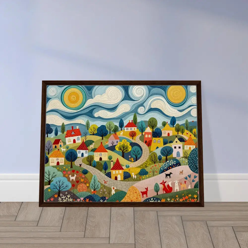 Framed whimsical village artwork on a gallery-grade canvas in Hillside Harmony design