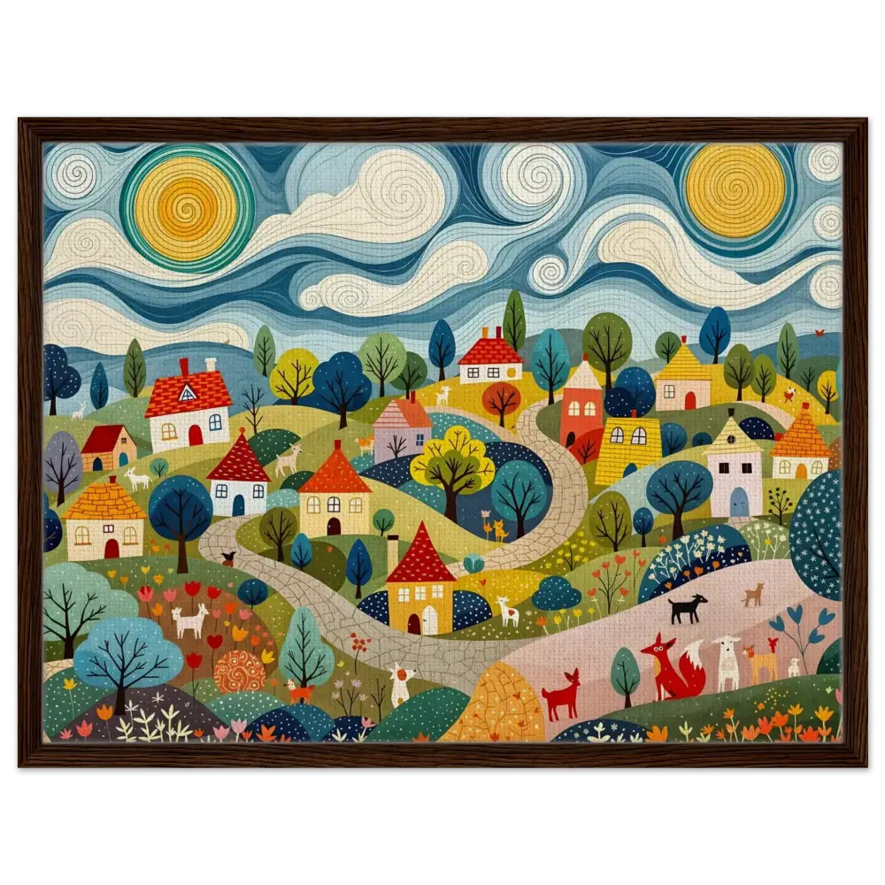 Framed whimsical village scene artwork on PixiOnyx Gallery-Grade Charm canvas