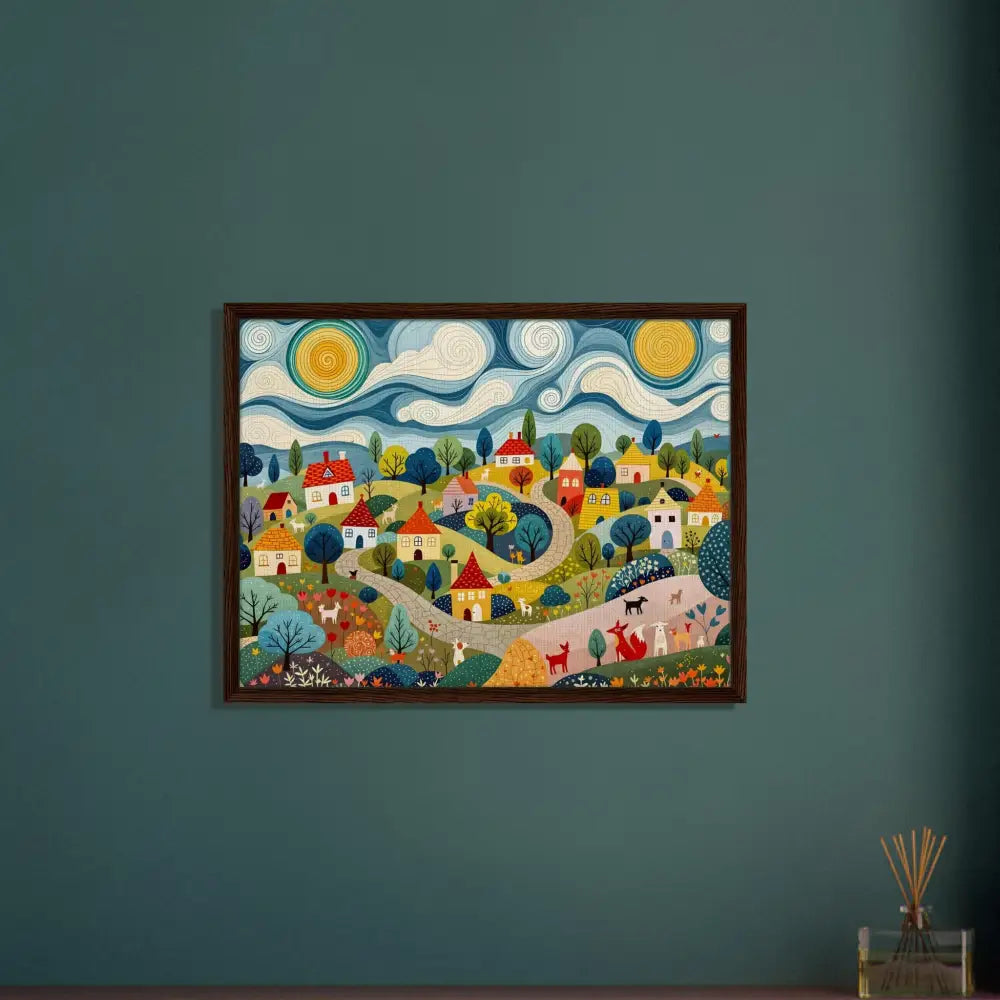 Framed whimsical village painting displayed in PixiOnyx Gallery Grade Charm canvas