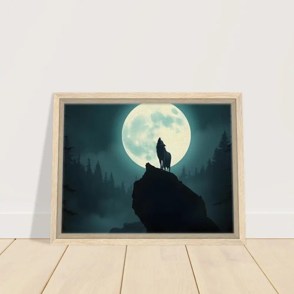 Framed wolf howling at moon artwork on PixiOnyx Lunar Reverie canvas