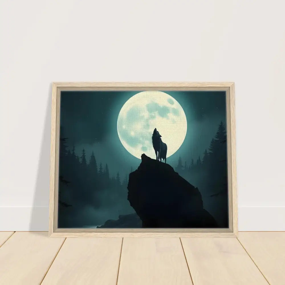 Framed canvas artwork of a wolf howling at the moon for PixiOnyx Lunar Reverie