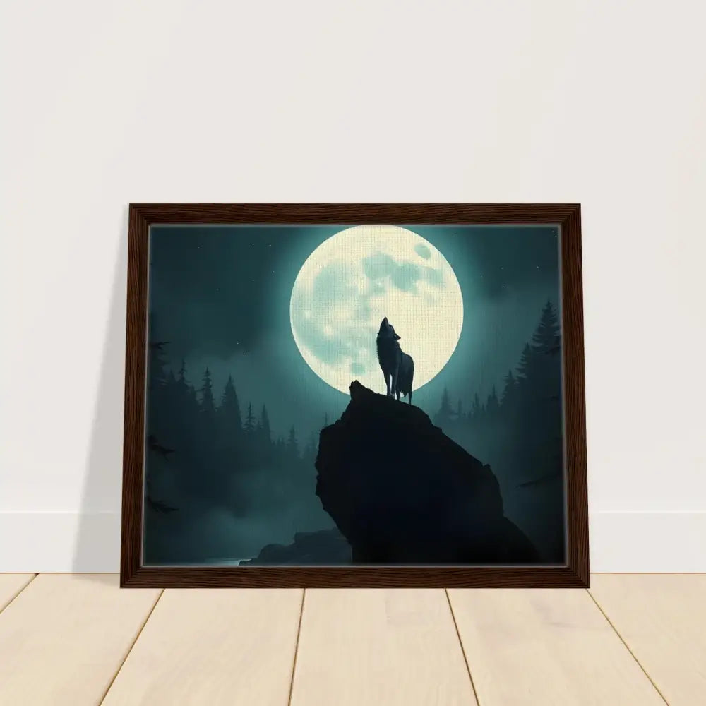 Framed wolf howling at moon artwork on PixiOnyx Lunar Reverie canvas