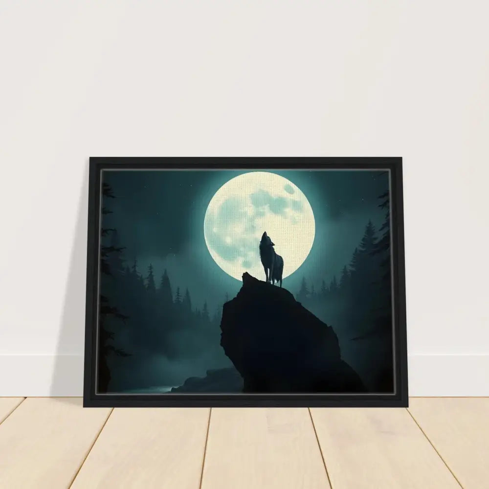 Framed wolf howling at moon artwork on Canvas for PixiOnyx Lunar Reverie display