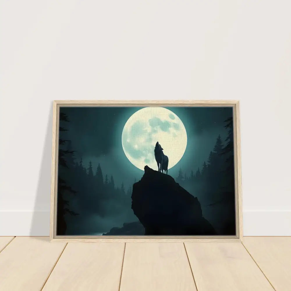 Framed wolf howling at the moon artwork displayed on PixiOnyx Lunar Reverie canvas