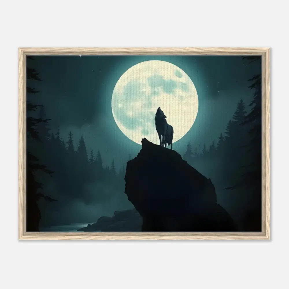 Framed canvas artwork of a wolf howling at the moon from PixiOnyx Lunar Reverie
