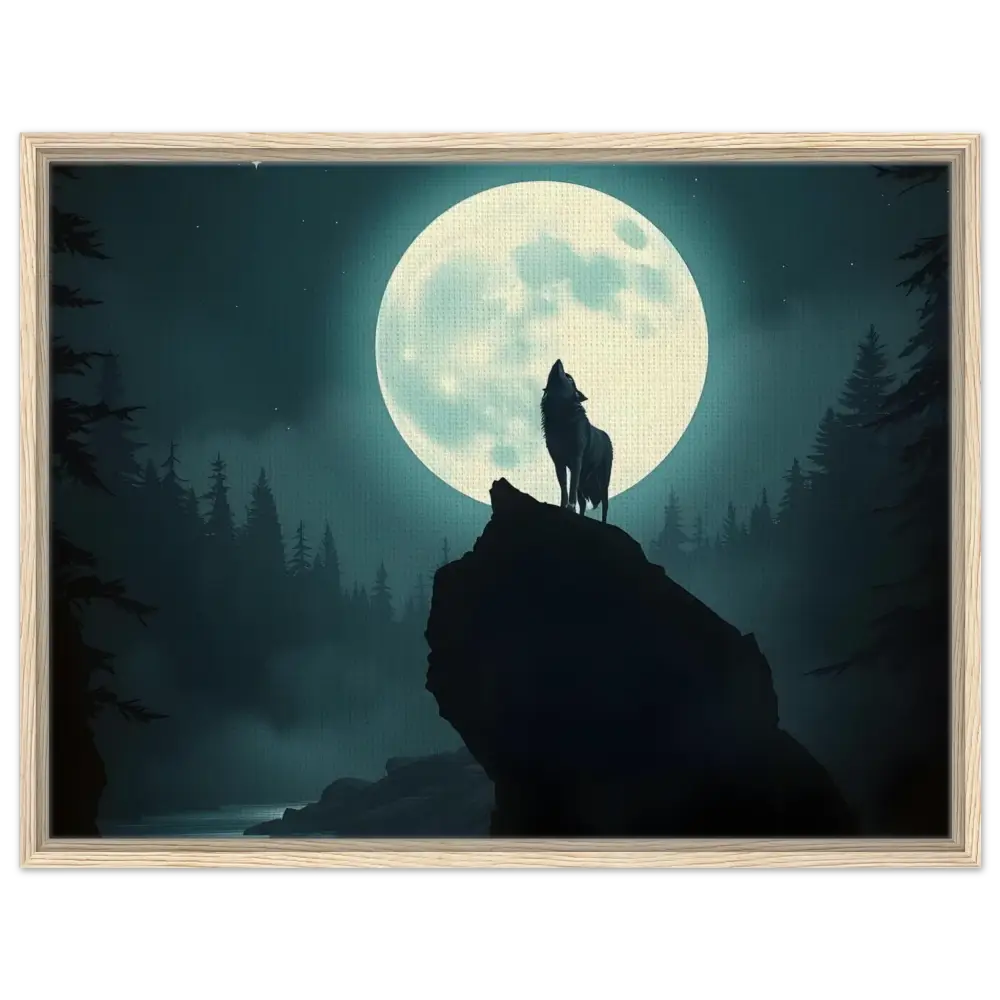 Framed canvas of a wolf howling at the moon for PixiOnyx Lunar Reverie collection