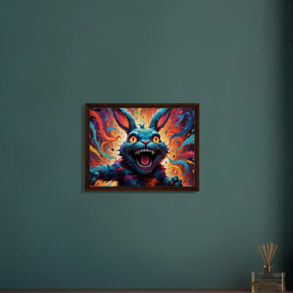 Colorful framed monstrous rabbit artwork titled Inferno Giggle by PixiOnyx in Blazing Luxe Frame