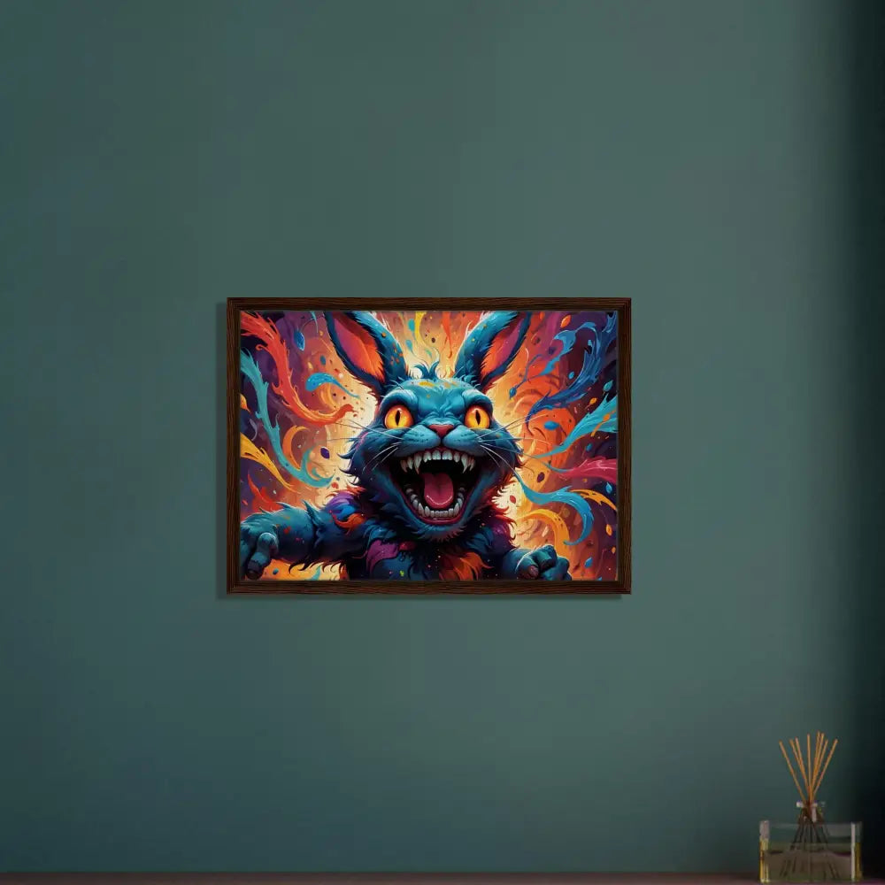 Colorful framed monstrous rabbit art titled Inferno Giggle by Psycho Cottontail Quartet