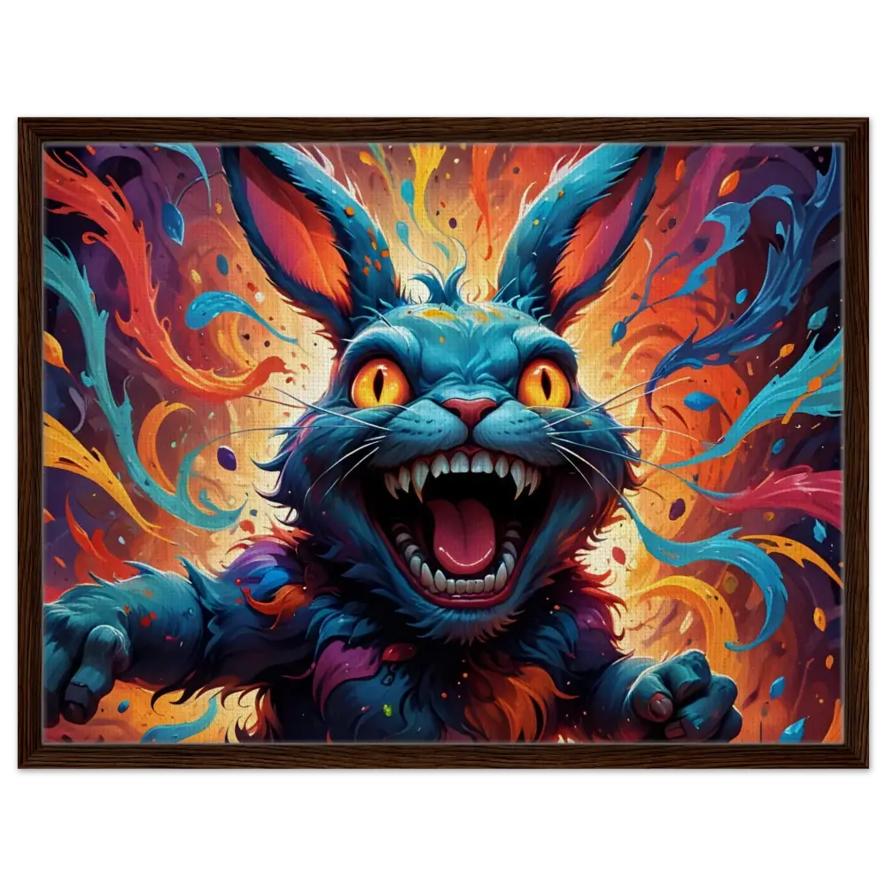 Colorful menacing rabbit painting on framed canvas in PixiOnyx Blazing Luxe Frame