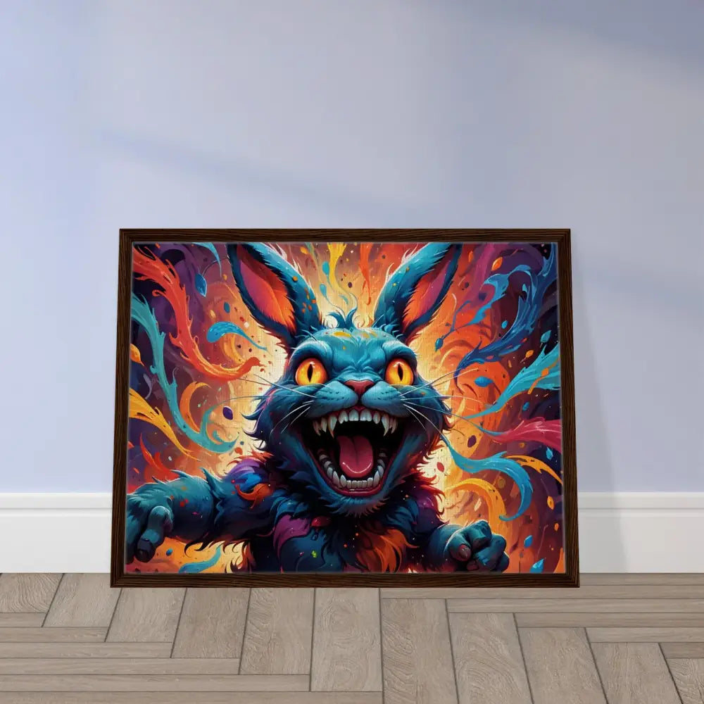 Framed psychedelic rabbit artwork on PixiOnyx Blazing Luxe Frame for vibrant wall decor