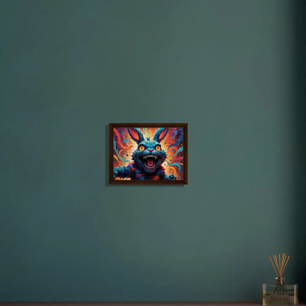 Psychedelic rabbit framed canvas art in Blaze Luxe Frame by PixiOnyx featuring Inferno Giggle