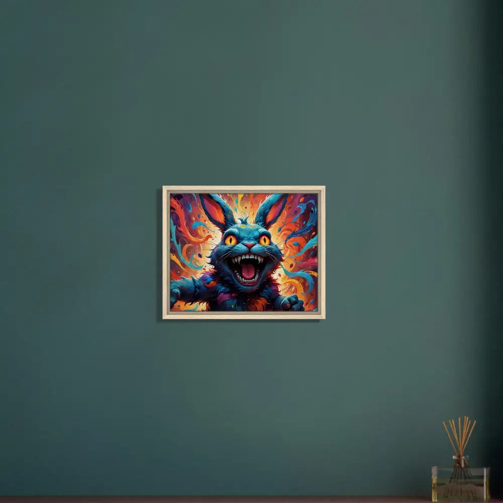 Framed psychedelic rabbit artwork titled Inferno Giggle by PixiOnyx in Blazing Luxe Frame