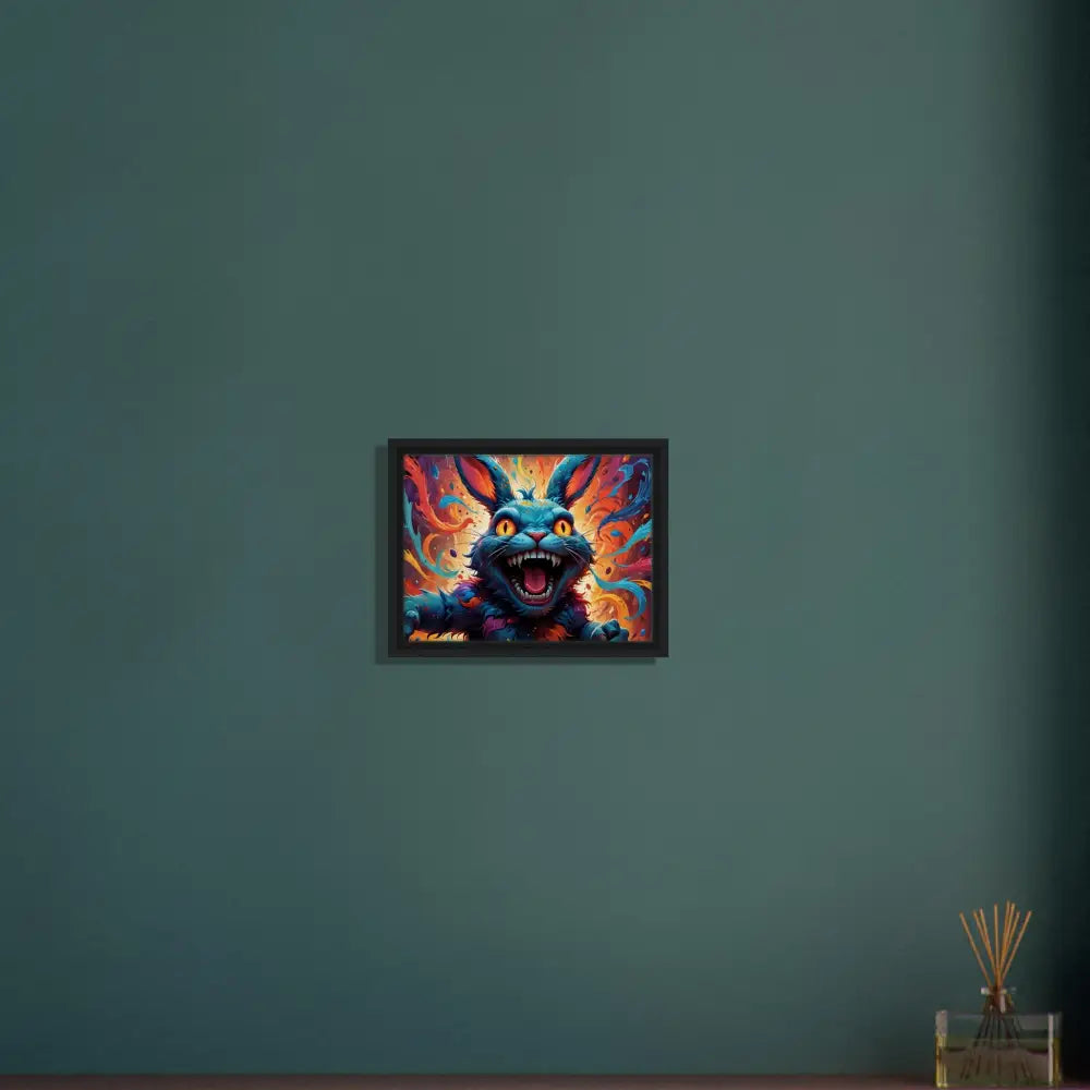 Framed psychedelic rabbit art titled Inferno Giggle displayed in PixiOnyx Blazing Luxe Frame