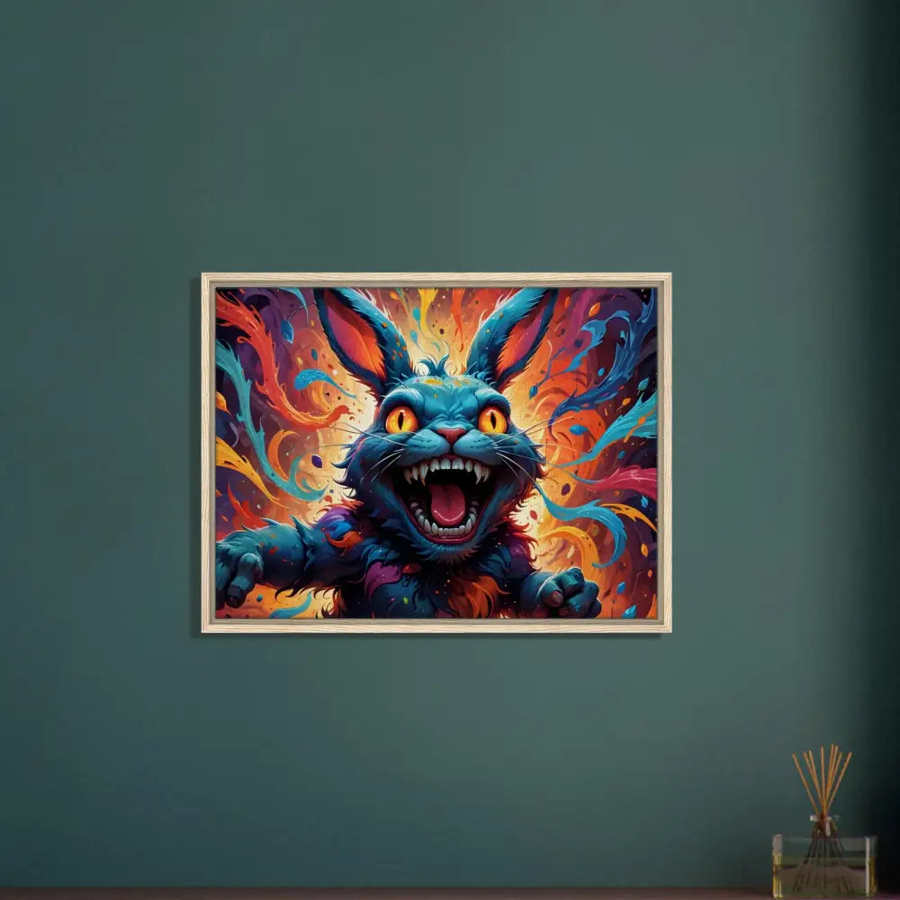 Colorful framed menacing rabbit art titled Inferno Giggle by Psycho Cottontail Quartet
