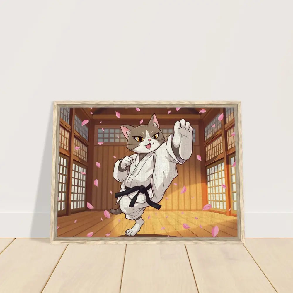 Framed Karate Cat Canvas art featuring Whimsical Combat theme with Cherry Blossom Showdown