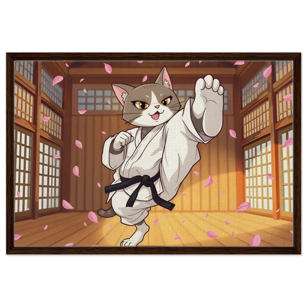 Illustration of Karate Cat with Cherry Blossoms on Framed Canvas for Whimsical Combat display
