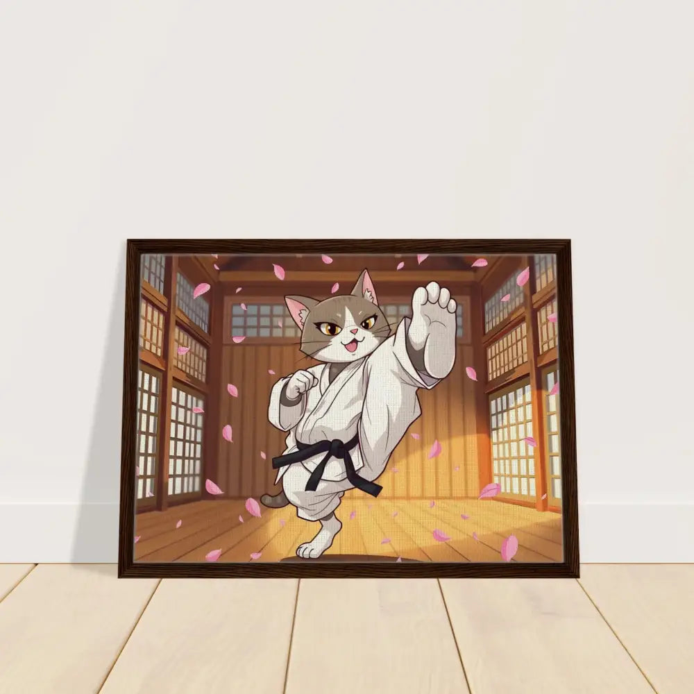 Framed Karate Cat art with Cherry Blossom Showdown displayed in PixiOnyx Canvas
