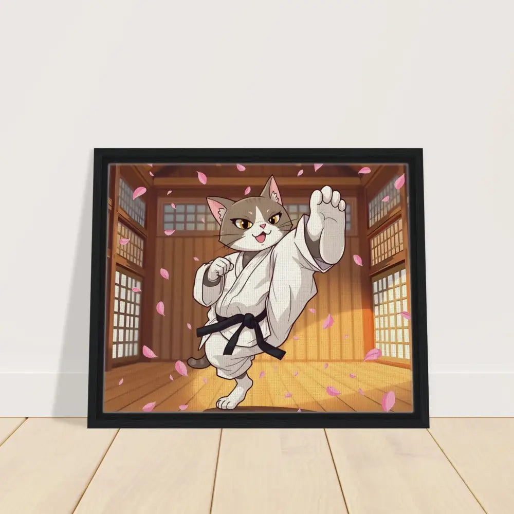 Framed cartoon cat in karate uniform with cherry blossom background on PixiOnyx canvas