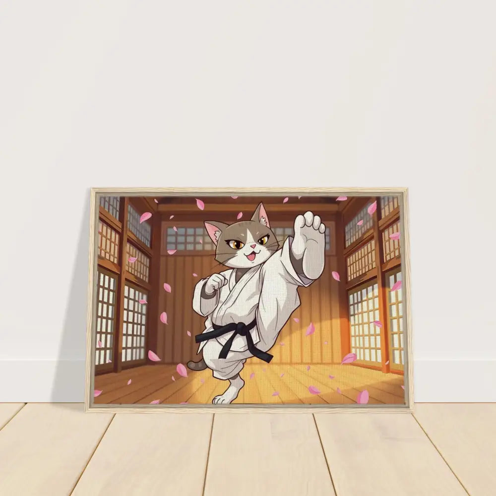 Framed cartoon cat karateka with cherry blossoms in PixiOnyx Karate Cat Canvas art