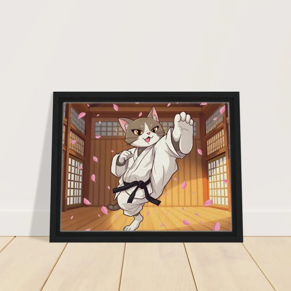 Framed cartoon of a karate cat with cherry blossoms for PixiOnyx Whimsical Combat