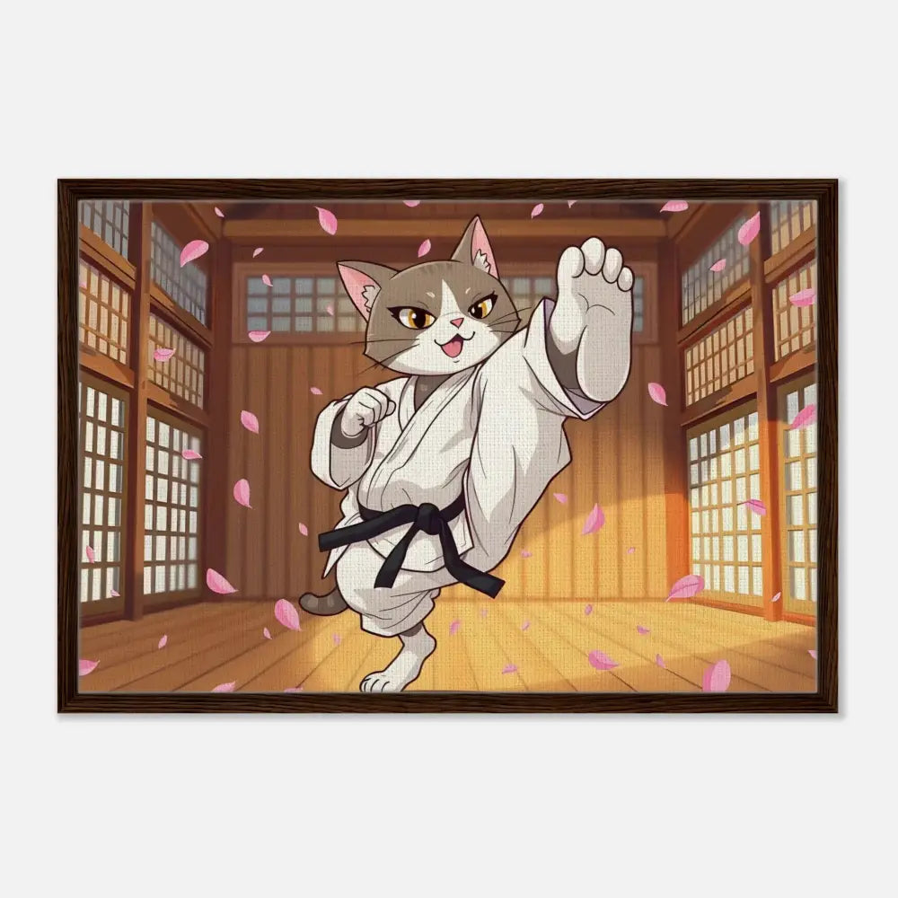 Framed cartoon of a Karate Cat on Cherry Blossom Showdown Canvas for PixiOnyx Whimsical Combat