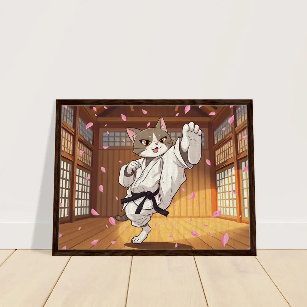 Framed cartoon cat in karate gi with cherry blossom background on PixiOnyx canvas