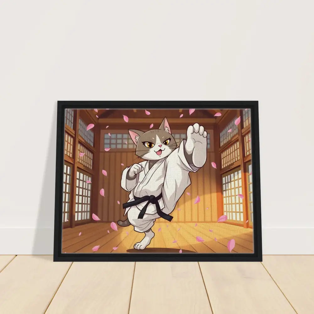 Framed Karate Cat art on canvas with cherry blossoms in the PixiOnyx Whimsical Combat collection