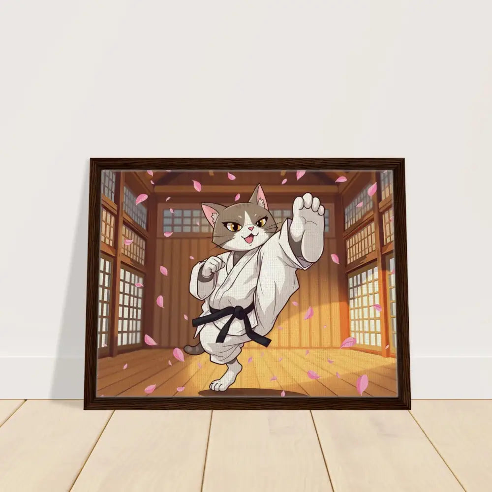 Framed Karate Cat art on canvas titled Cherry Blossom Showdown at PixiOnyx Whimsical Combat